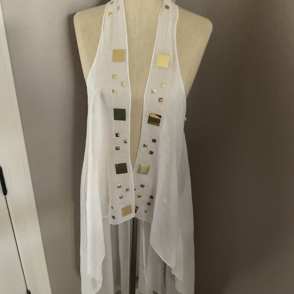 swim cover up white sheer cotton maxi from Turkey with Gold Accents Sz M - Picture 4 of 16